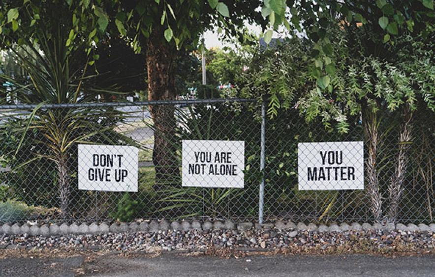 Signs on fence